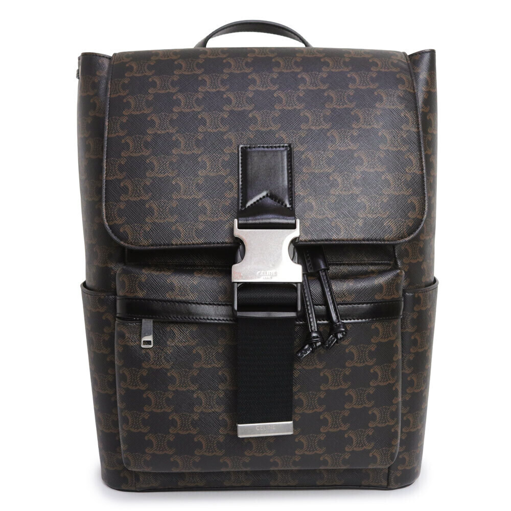 Celine Backpack Daypack Triomphe Canvas Calfskin Leather Black